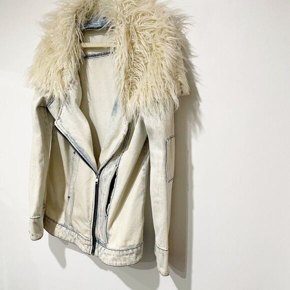 Somedays Lovin Acid Wash Faux Fur Patchwork Asymmetric Zip Closure & Pockets S - Picture 5 of 12